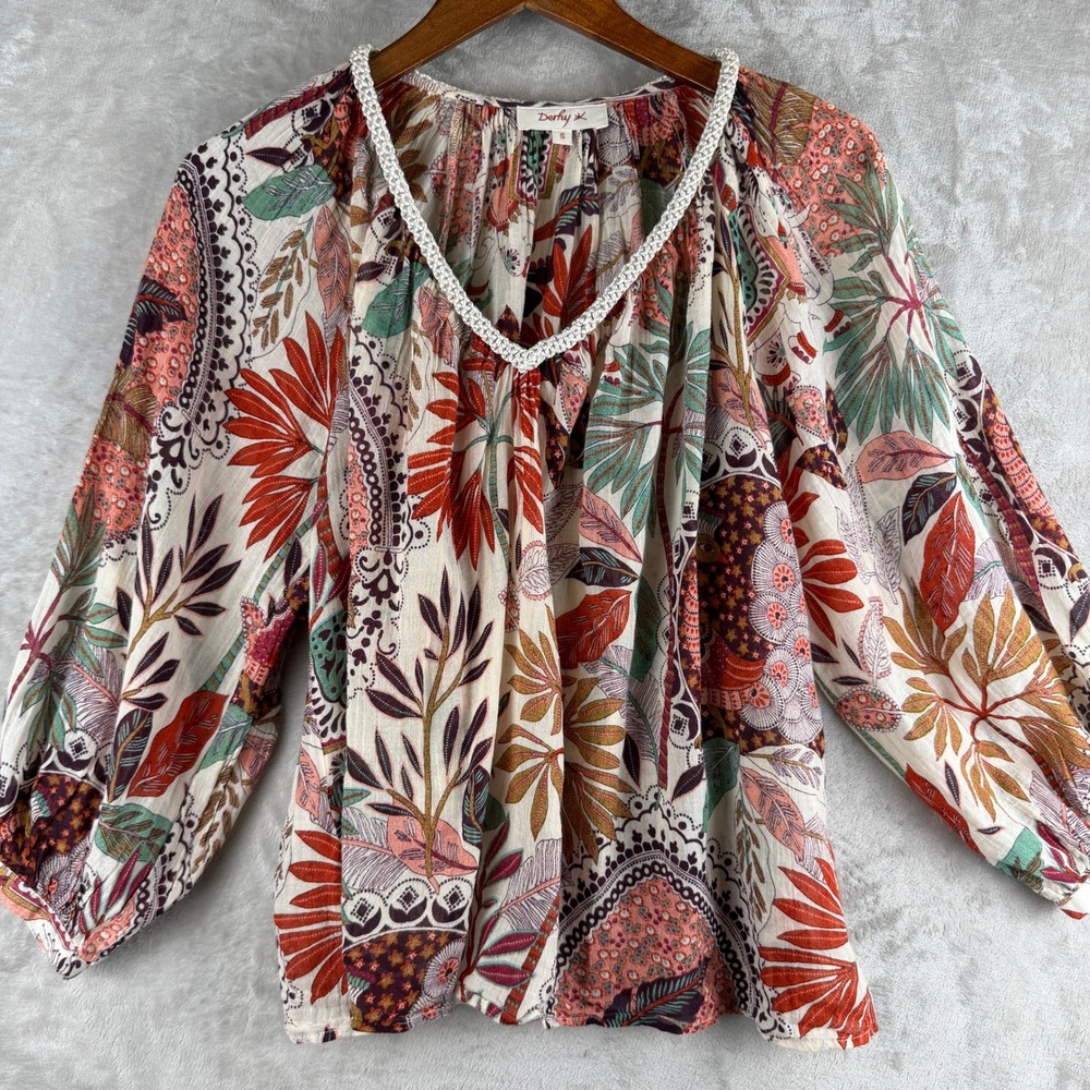 Derhy Women Small Multicolor Tropical Paisley Crochet Trim V-Neck Peasant Blouse